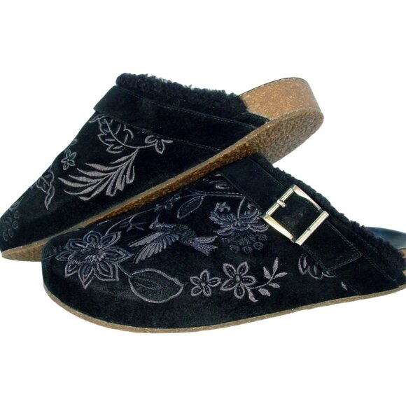 JOHNNY WAS Bluma $268 Black Sherpa Suede Embroidered Clogs Mules 8 - NWOB - Picture 6 of 8